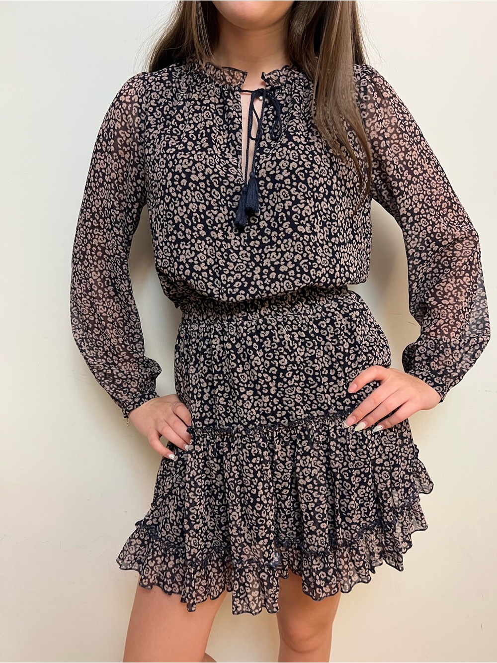 Rebecca Minkoff Rosemary Leopard Print Smocked Ruffle Mini Dress Size S